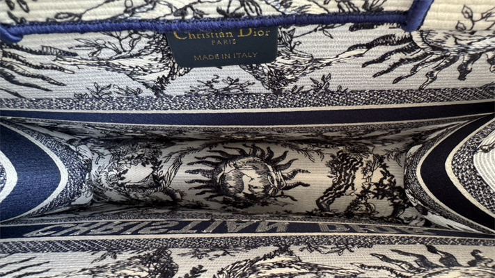 CD Medium Book Tote White and Navy Toile de Jouy Solei Embroidery