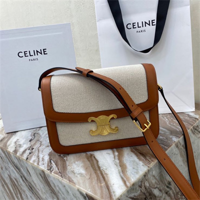 Celine Classique Triomphe Bag In Textile and Calfskin Nature/Tan