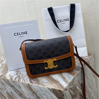 Celine Classique Triomphe Bag In Triomphe Canvas and Calfskin Tan