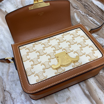 Celine Teen Triomphe Bag In Triomphe Canvas and Calfskin White