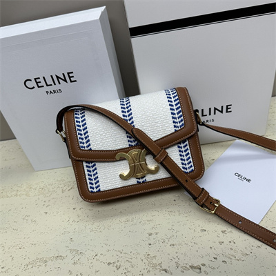 Celine Teen Triomphe Bag In Textile  and Calfskin White Blue/Tan
