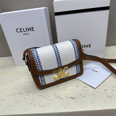 Celine Teen Triomphe Bag In Textile  and Calfskin White Blue/Tan