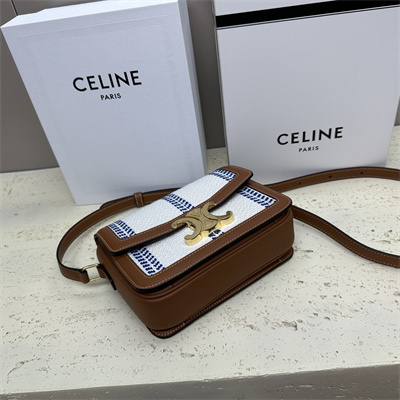Celine Teen Triomphe Bag In Textile  and Calfskin White Blue/Tan