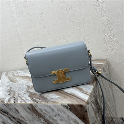 Celine Teen Triomphe Bag In Shiny Calfskin Blue Color