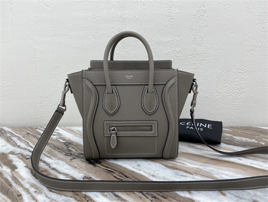 Celine Nano Luggage Bag In Souris Drummed Calfskin Silver Tone Metal