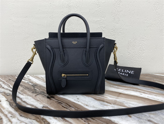 Celine Nano Luggage Bag In Black Drummed Calfskin Gold Tone Metal