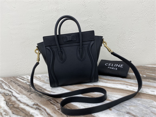 Celine Nano Luggage Bag In Black Drummed Calfskin Gold Tone Metal