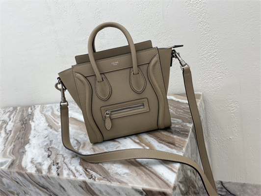 Celine Nano Luggage Bag In Dune Drummed Calfskin Silver Tone Metal