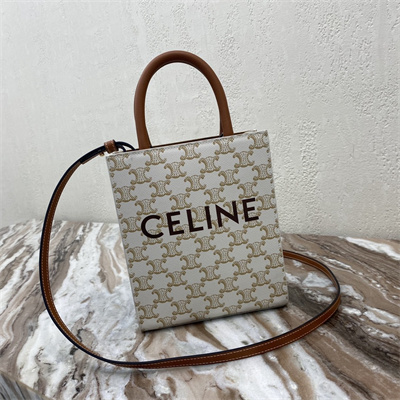 Celine Mini Vertical Cabas In Triomphe Canvas And Calfskin With Celine Print White