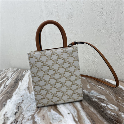 Celine Mini Vertical Cabas In Triomphe Canvas And Calfskin With Celine Print White