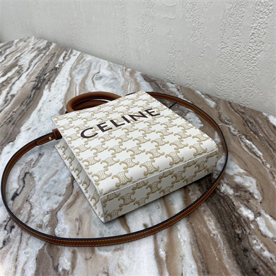 Celine Mini Vertical Cabas In Triomphe Canvas And Calfskin With Celine Print White