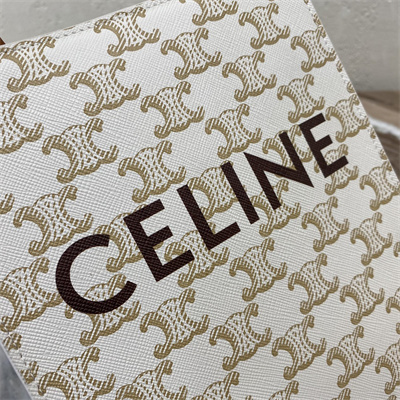 Celine Mini Vertical Cabas In Triomphe Canvas And Calfskin With Celine Print White