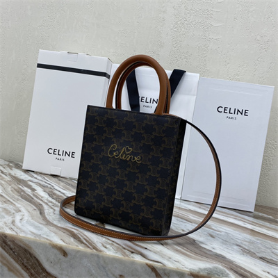 Celine Mini Vertical Cabas In Triomphe Canvas And Calfskin Tan With Celine Emb