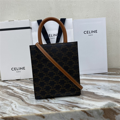 Celine Mini Vertical Cabas In Triomphe Canvas And Calfskin Tan With Celine Emb