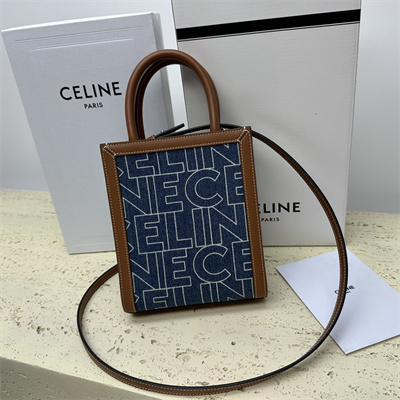 Celine Mini Vertical Cabas In Denim With  Celine All Over Print Navy/Tan
