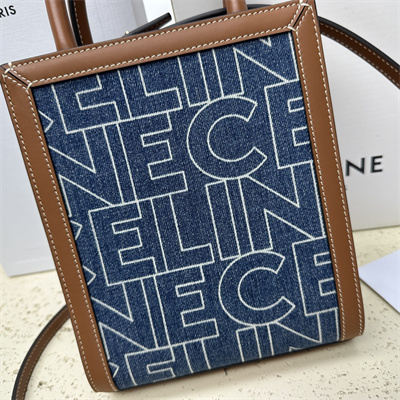 Celine Mini Vertical Cabas In Denim With  Celine All Over Print Navy/Tan