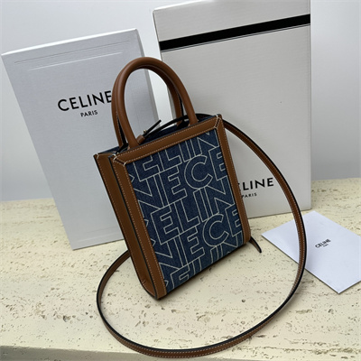 Celine Mini Vertical Cabas In Denim With  Celine All Over Print Navy/Tan