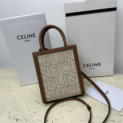 Celine Mini Vertical Cabas In Textile With  Celine All Over Print Nature/Tan