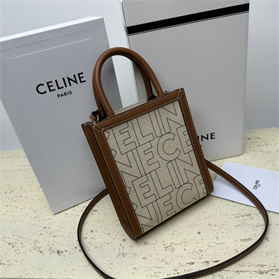 Celine Mini Vertical Cabas In Textile With  Celine All Over Print Nature/Tan