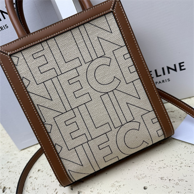 Celine Mini Vertical Cabas In Textile With  Celine All Over Print Nature/Tan