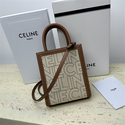 Celine Mini Vertical Cabas In Textile With  Celine All Over Print Nature/Tan