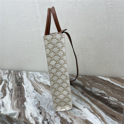 Celine Small Vertical Cabas In Triomphe Canvas And Calfskin With Celine Print White