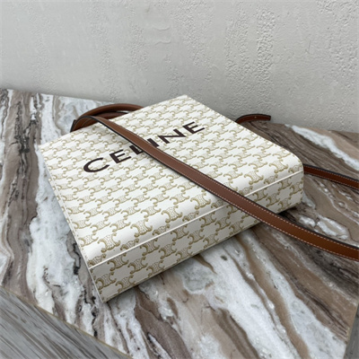 Celine Small Vertical Cabas In Triomphe Canvas And Calfskin With Celine Print White