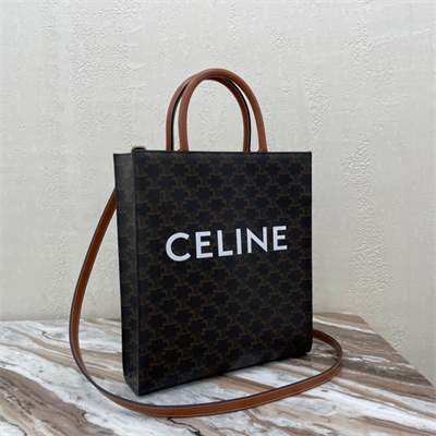 Celine Small Vertical Cabas In Triomphe Canvas And Calfskin With Celine Print Tan