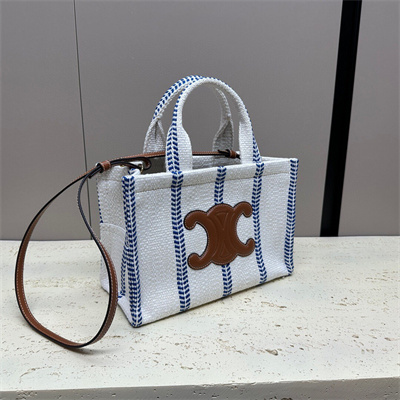 Celine Small Cabas Thais In Striped Textile And Calfskin Blue/White