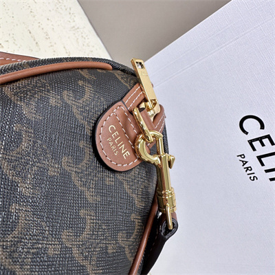 Celine Small Boston Bag In Triomphe Canvas and Calfskin Tan