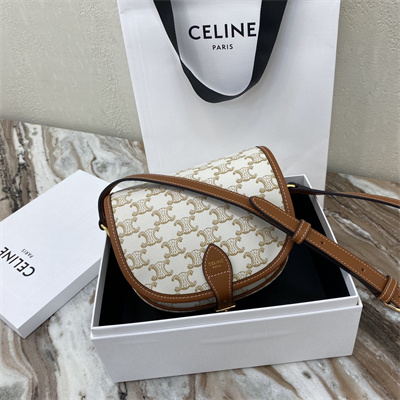Celine Medium Folco Bag In Triomphe Canvas and Calfskin White