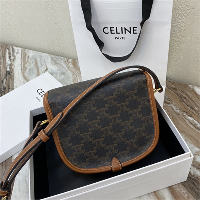 Celine Medium Folco Bag In Triomphe Canvas and Calfskin Tan