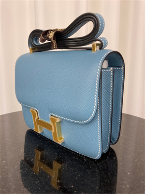 Constance Bag Epsom Leather 18CM Gold/Silver Tone Metal In Blue Jean Color HS