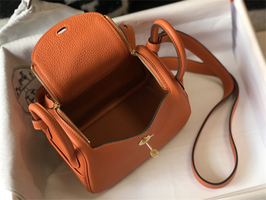 Lindy Mini Bag Calfskin Leather Gold/Silver Tone Metal In Feu Orange Color