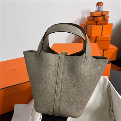 Picotin Lock Bag Togo Leather 18/22CM Gold/Silver Tone Metal In Tourterelle Color HS