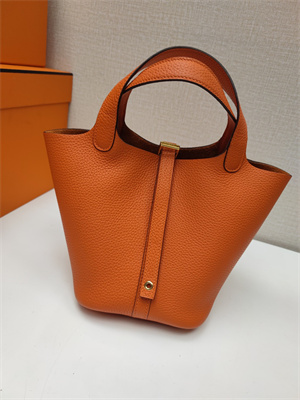 Picotin Lock Bag Togo Leather 18/22CM Gold/Silver Tone Metal In Orange Color HS