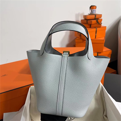 Picotin Lock Bag Togo Leather 18/22CM Gold/Silver Tone Metal In Blue Brume Color HS