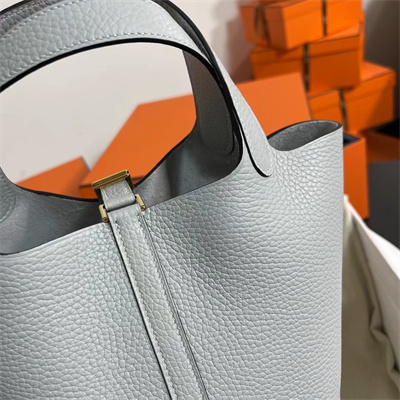 Picotin Lock Bag Togo Leather 18/22CM Gold/Silver Tone Metal In Blue Brume Color HS