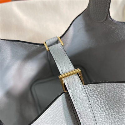 Picotin Lock Bag Togo Leather 18/22CM Gold/Silver Tone Metal In Blue Brume Color HS