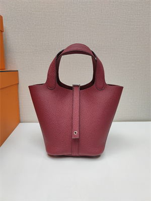 Picotin Lock Bag Togo Leather 18/22CM Gold/Silver Tone Metal In Burgundy Color HS