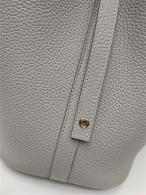 Picotin Lock Bag Togo Leather 18/22CM Gold/Silver Tone Metal In Pearl Grey Color HS