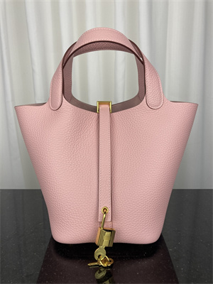 Picotin Lock Bag Taurillon Clemence Leather 18/22CM Gold/Silver Tone Metal In Rose Sakura Color HS