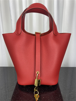 Picotin Lock Bag Taurillon Clemence Leather 18/22CM Gold/Silver Tone Metal In Red Color HS