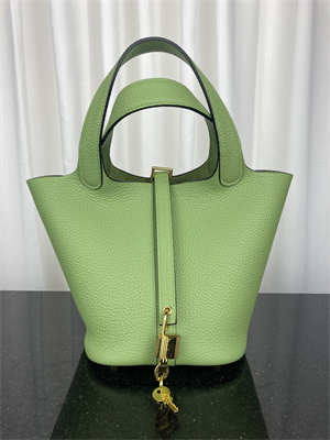 Picotin Lock Bag Taurillon Clemence Leather 18/22CM Gold/Silver Tone Metal In Vert Criquet Color HS
