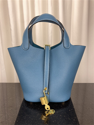 Picotin Lock Bag Taurillon Clemence Leather 18/22CM Gold/Silver Tone Metal In Blue Jean Color HS