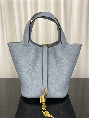 Picotin Lock Bag Taurillon Clemence Leather 18/22CM Gold/Silver Tone Metal In Bleu Lin Color HS