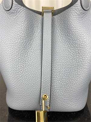Picotin Lock Bag Taurillon Clemence Leather 18/22CM Gold/Silver Tone Metal In Bleu Lin Color HS
