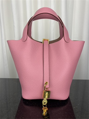 Picotin Lock Bag Taurillon Clemence Leather 18/22CM Gold/Silver Tone Metal In Pink Color HS