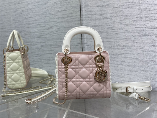 CD Mini Lady Dior Bag Two Tones Cannage Lambskin Gold Tone Metal Pink and Latte