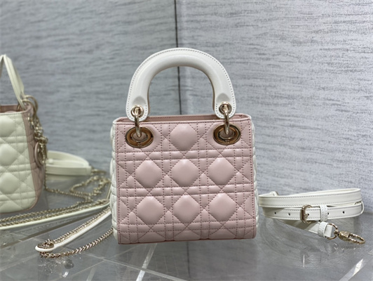 CD Mini Lady Dior Bag Two Tones Cannage Lambskin Gold Tone Metal Pink and Latte